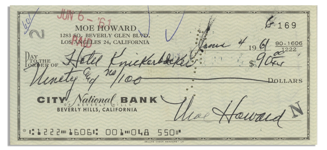 Moe Howard Check Signed, and Then Endorsed by Larry Fine on Verso -- Dated 4 June 1961 to the Hotel Knickerbocker -- Standard Check Size -- Very Good Condition